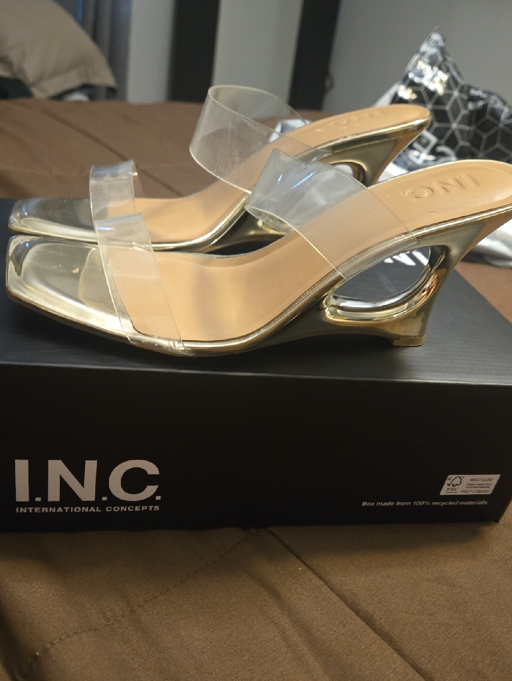 INC International Concepts Clear Strap Sandals with Gold Accent Kitten Heel